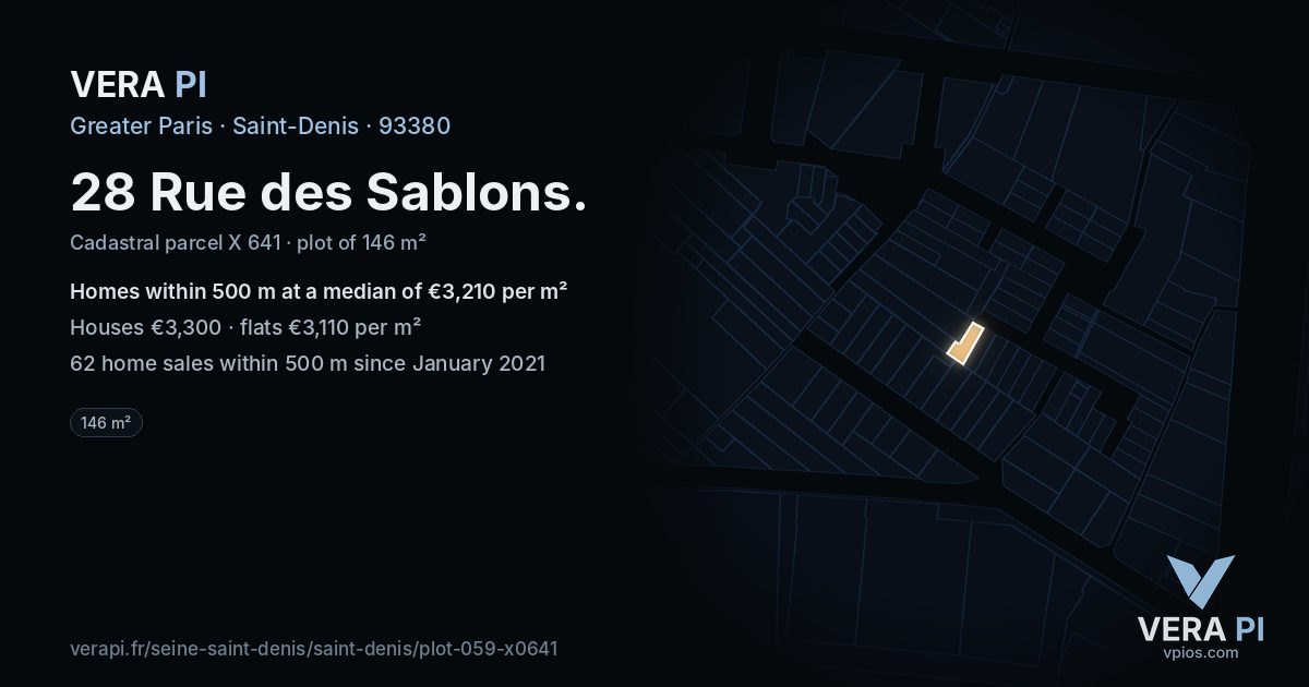 28 Rue des Sablons, Saint-Denis at night – the plot lit, the parcels around coloured by the prices near them