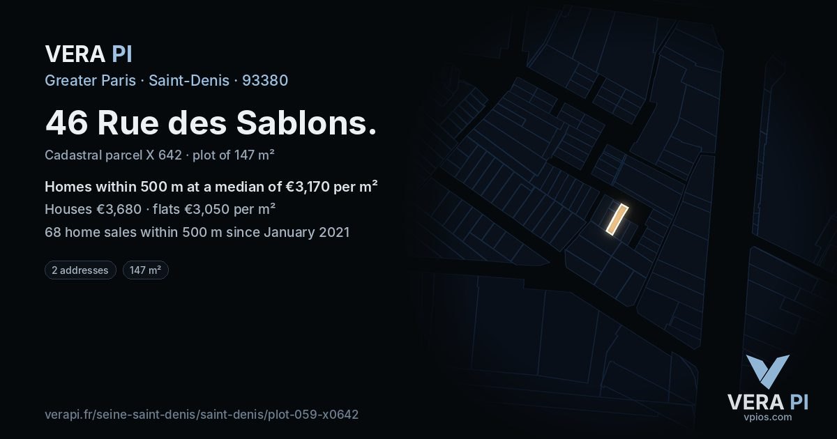 46 Rue des Sablons, Saint-Denis at night – the plot lit, the parcels around coloured by the prices near them