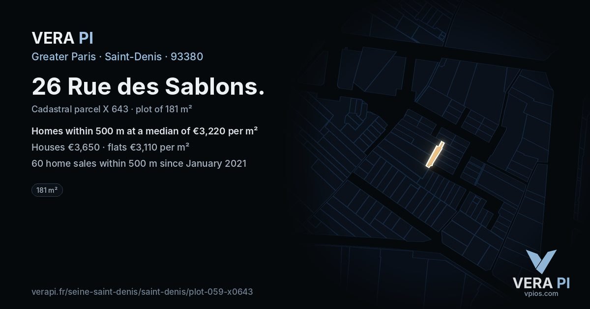 26 Rue des Sablons, Saint-Denis at night – the plot lit, the parcels around coloured by the prices near them
