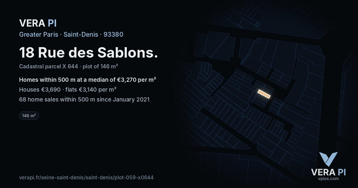 18 Rue des Sablons, Saint-Denis at night – the plot lit, the parcels around coloured by the prices near them