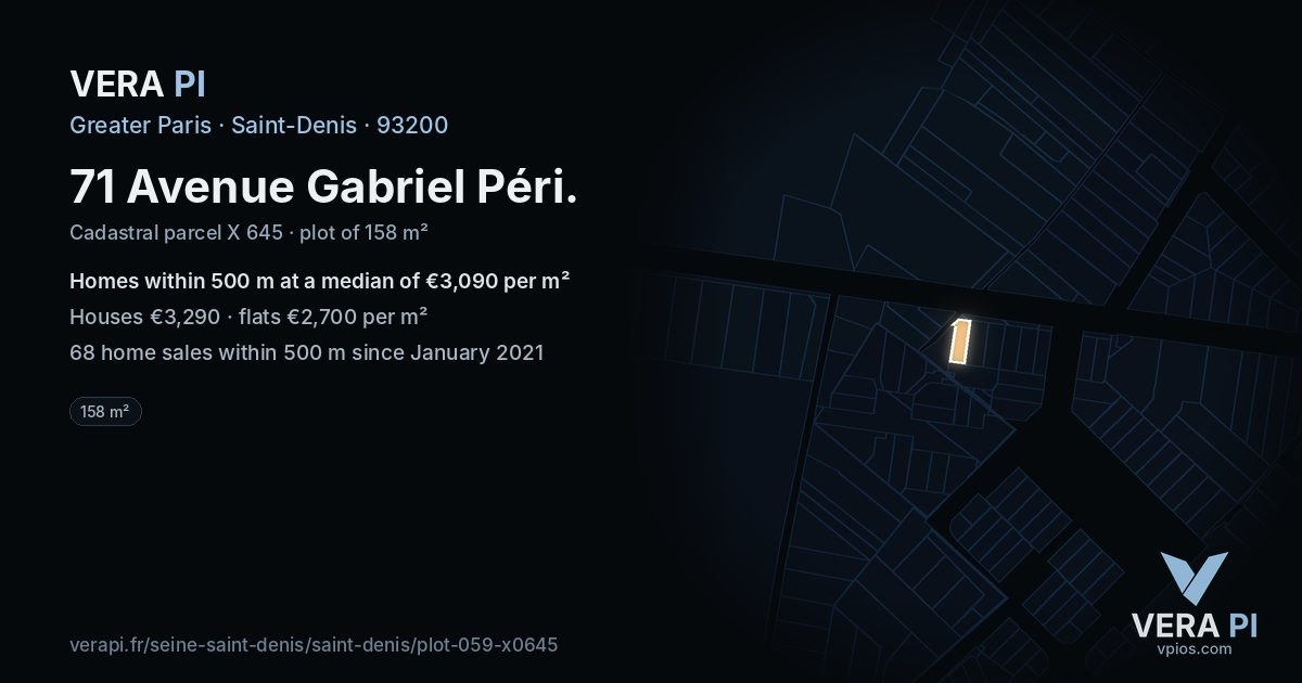 71 Avenue Gabriel Péri, Saint-Denis at night – the plot lit, the parcels around coloured by the prices near them