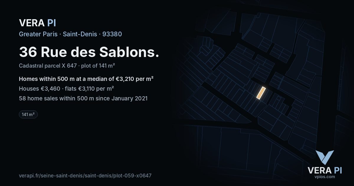 36 Rue des Sablons, Saint-Denis at night – the plot lit, the parcels around coloured by the prices near them