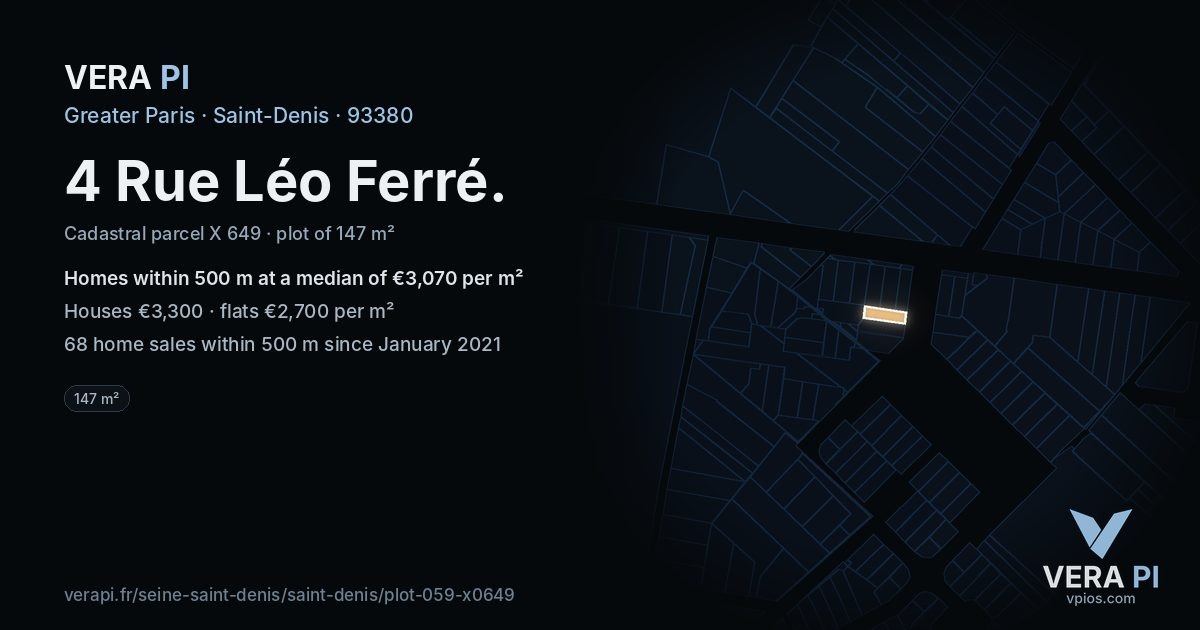 4 Rue Léo Ferré, Saint-Denis at night – the plot lit, the parcels around coloured by the prices near them