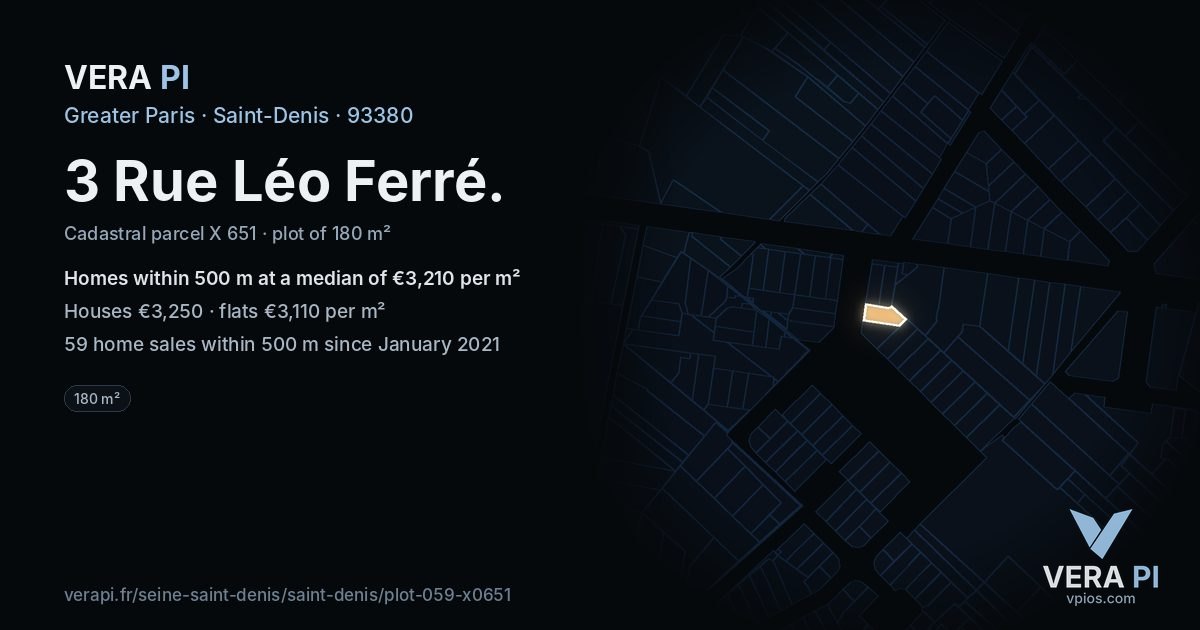 3 Rue Léo Ferré, Saint-Denis at night – the plot lit, the parcels around coloured by the prices near them