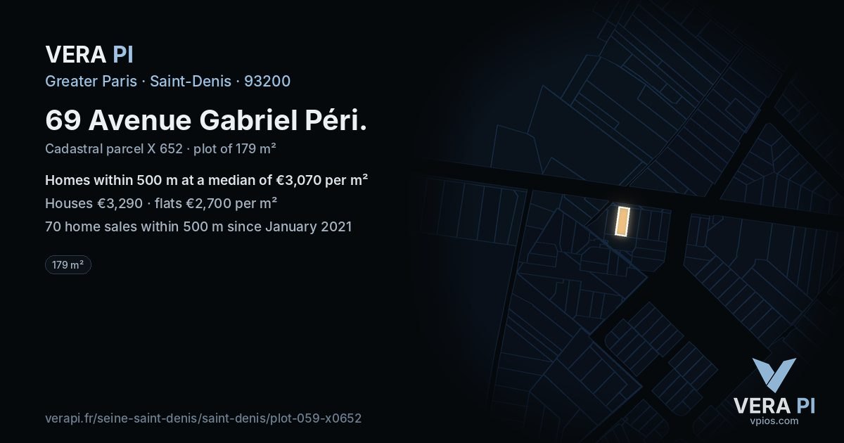 69 Avenue Gabriel Péri, Saint-Denis at night – the plot lit, the parcels around coloured by the prices near them