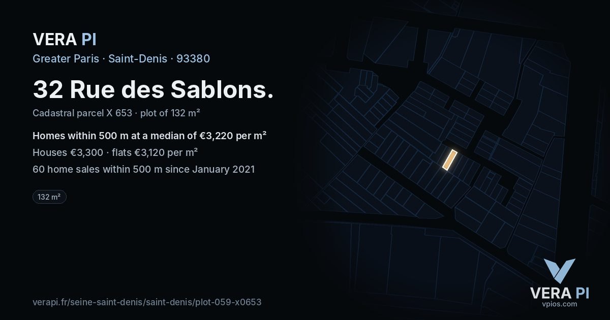 32 Rue des Sablons, Saint-Denis at night – the plot lit, the parcels around coloured by the prices near them