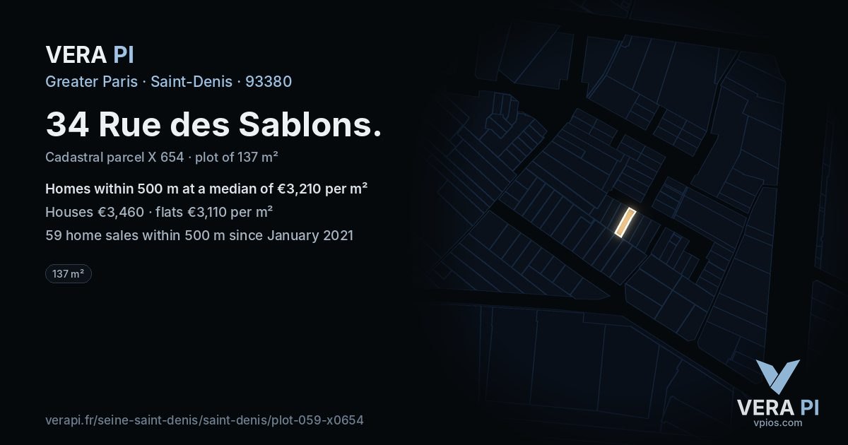 34 Rue des Sablons, Saint-Denis at night – the plot lit, the parcels around coloured by the prices near them