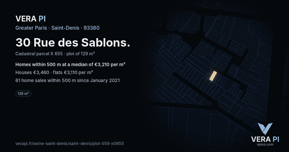 30 Rue des Sablons, Saint-Denis at night – the plot lit, the parcels around coloured by the prices near them