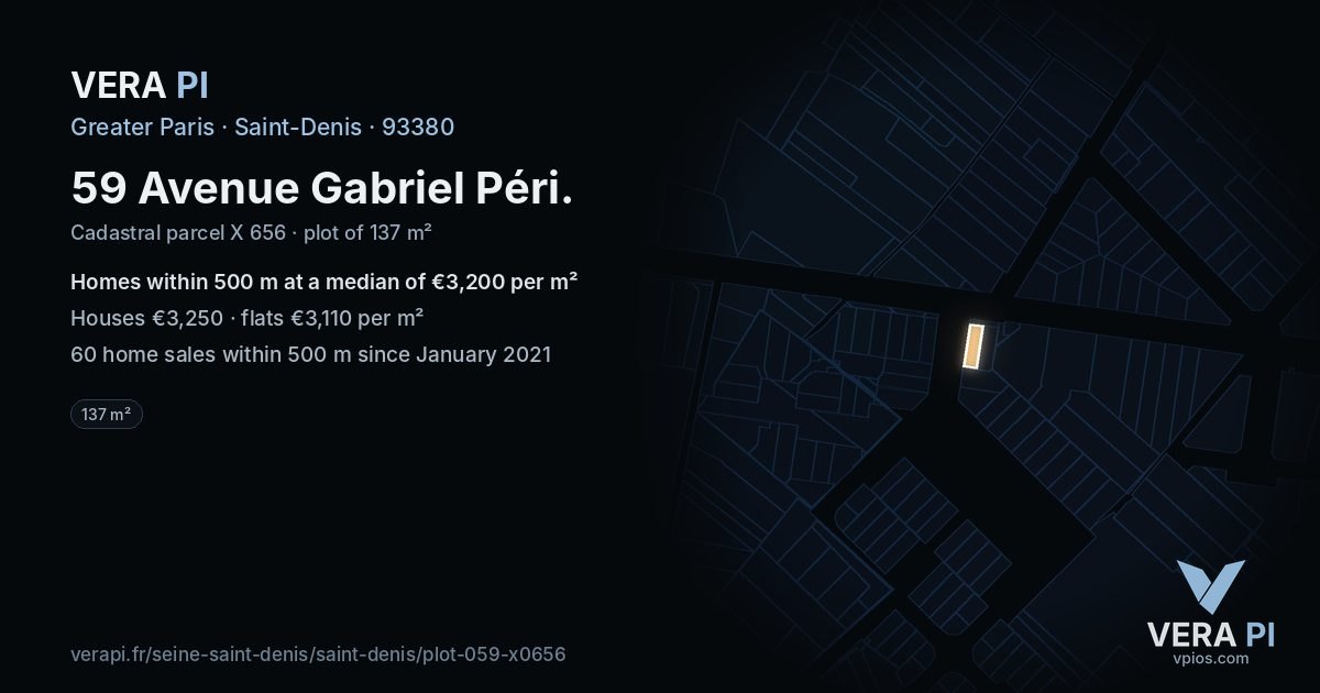 59 Avenue Gabriel Péri, Saint-Denis at night – the plot lit, the parcels around coloured by the prices near them