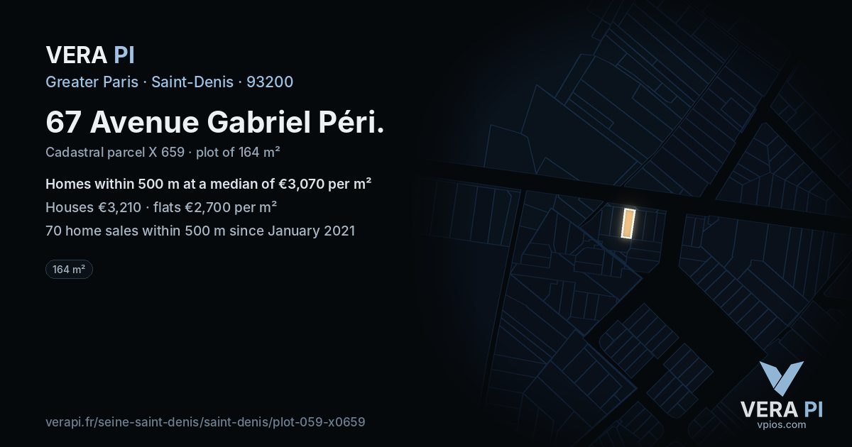 67 Avenue Gabriel Péri, Saint-Denis at night – the plot lit, the parcels around coloured by the prices near them