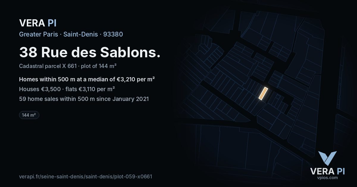 38 Rue des Sablons, Saint-Denis at night – the plot lit, the parcels around coloured by the prices near them
