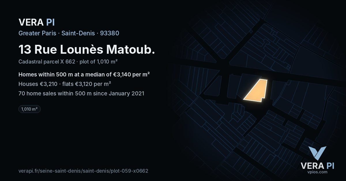 13 Rue Lounès Matoub, Saint-Denis at night – the plot lit, the parcels around coloured by the prices near them