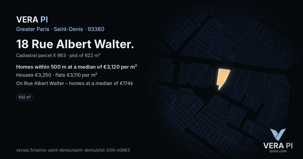 18 Rue Albert Walter, Saint-Denis at night – the plot lit, the parcels around coloured by the prices near them