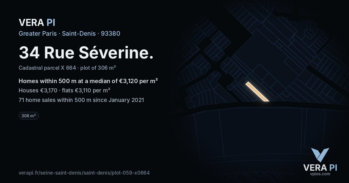 34 Rue Séverine, Saint-Denis at night – the plot lit, the parcels around coloured by the prices near them