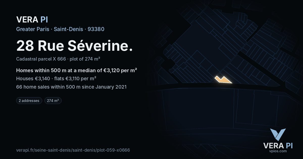 28 Rue Séverine, Saint-Denis at night – the plot lit, the parcels around coloured by the prices near them