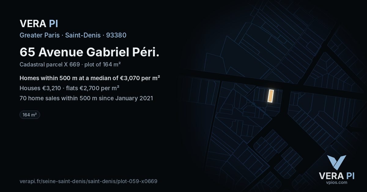 65 Avenue Gabriel Péri, Saint-Denis at night – the plot lit, the parcels around coloured by the prices near them