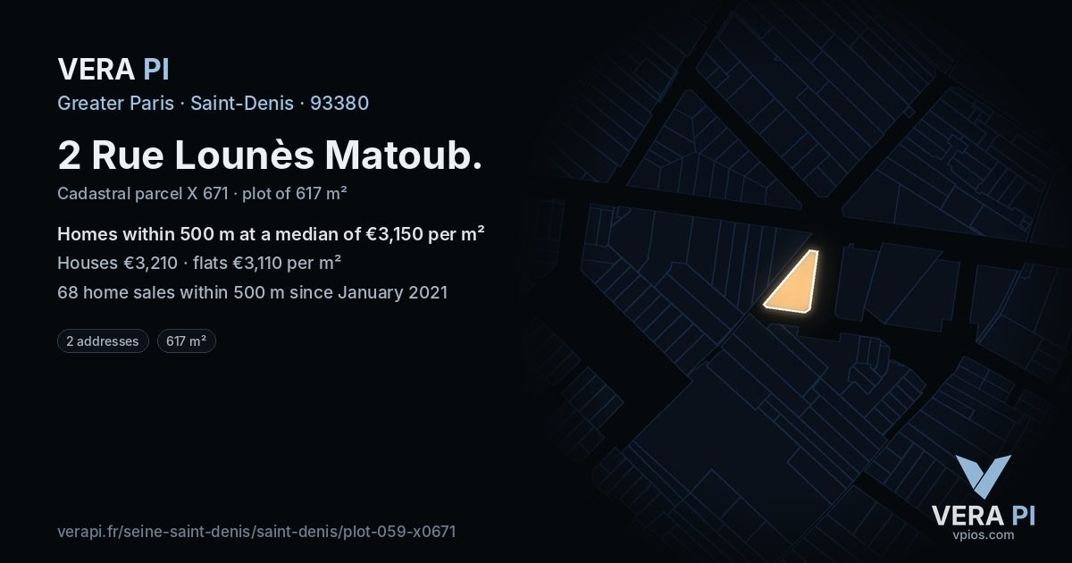 2 Rue Lounès Matoub, Saint-Denis at night – the plot lit, the parcels around coloured by the prices near them