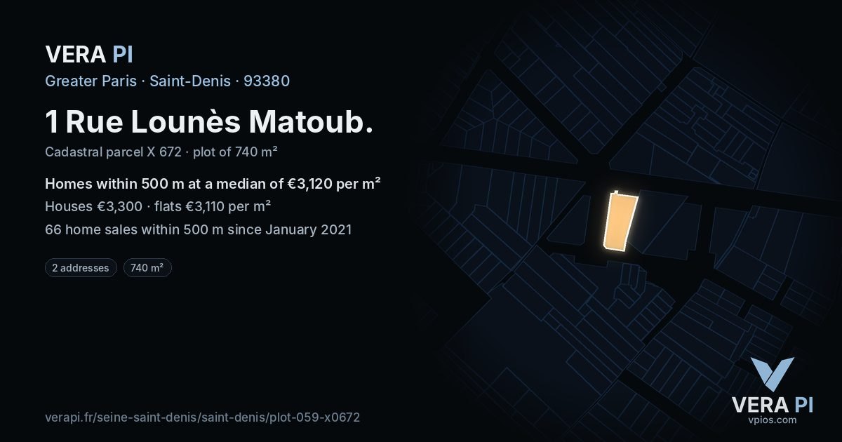 1 Rue Lounès Matoub, Saint-Denis at night – the plot lit, the parcels around coloured by the prices near them