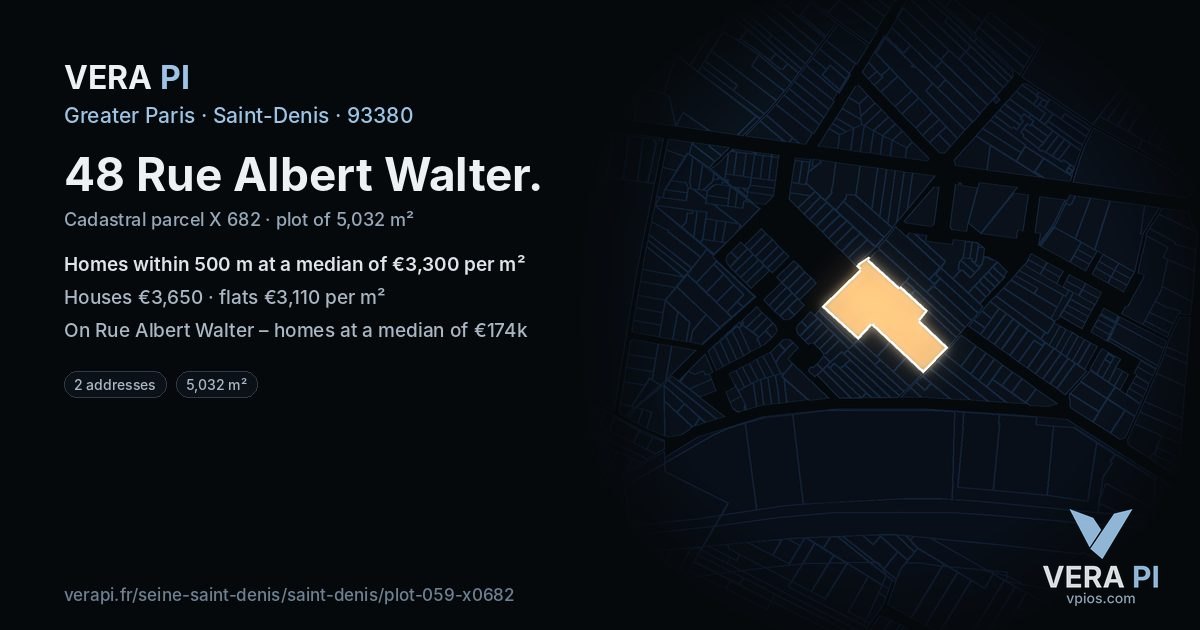 48 Rue Albert Walter, Saint-Denis at night – the plot lit, the parcels around coloured by the prices near them
