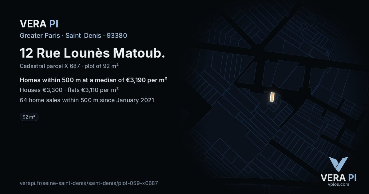 12 Rue Lounès Matoub, Saint-Denis at night – the plot lit, the parcels around coloured by the prices near them
