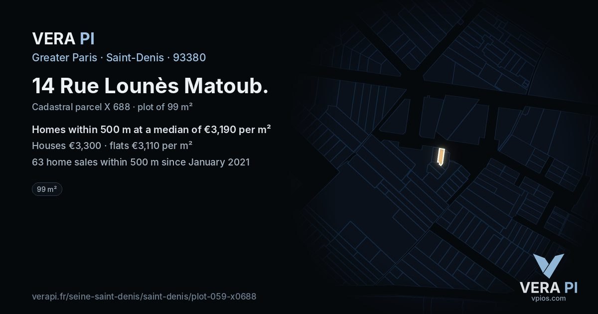 14 Rue Lounès Matoub, Saint-Denis at night – the plot lit, the parcels around coloured by the prices near them