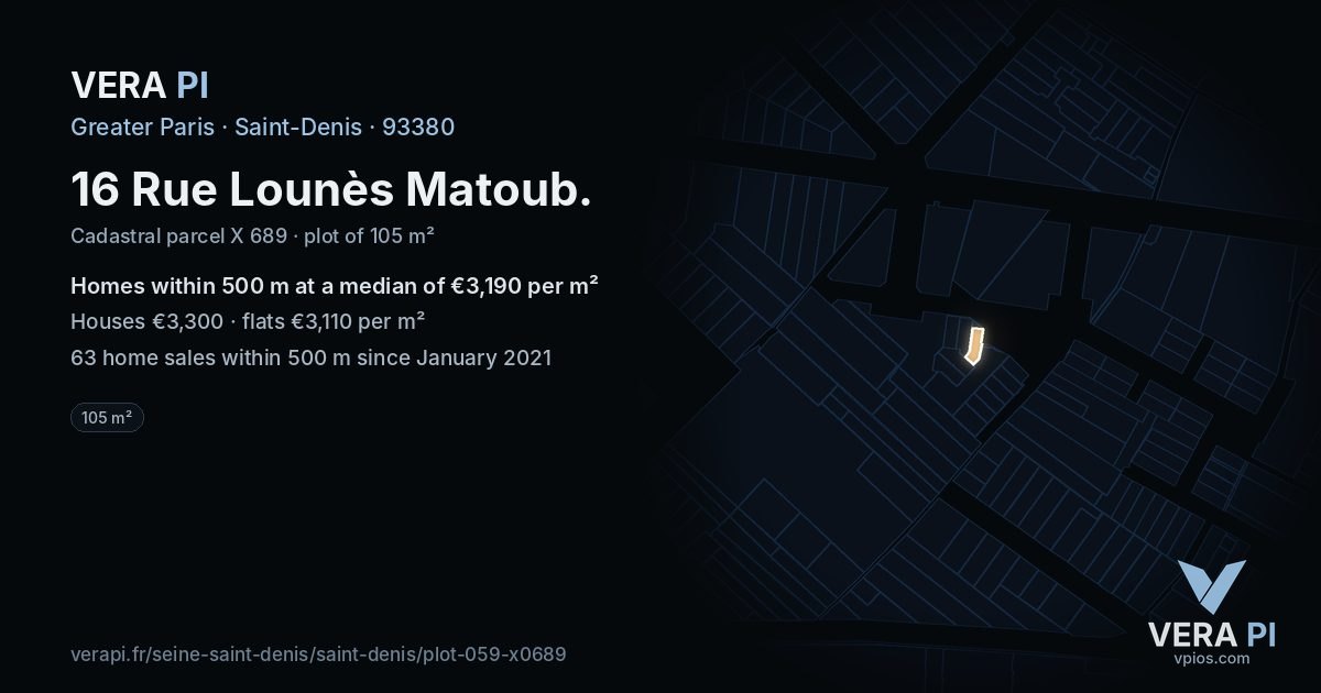 16 Rue Lounès Matoub, Saint-Denis at night – the plot lit, the parcels around coloured by the prices near them