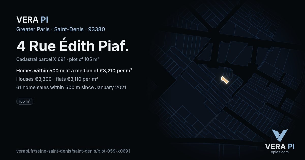 4 Rue Édith Piaf, Saint-Denis at night – the plot lit, the parcels around coloured by the prices near them