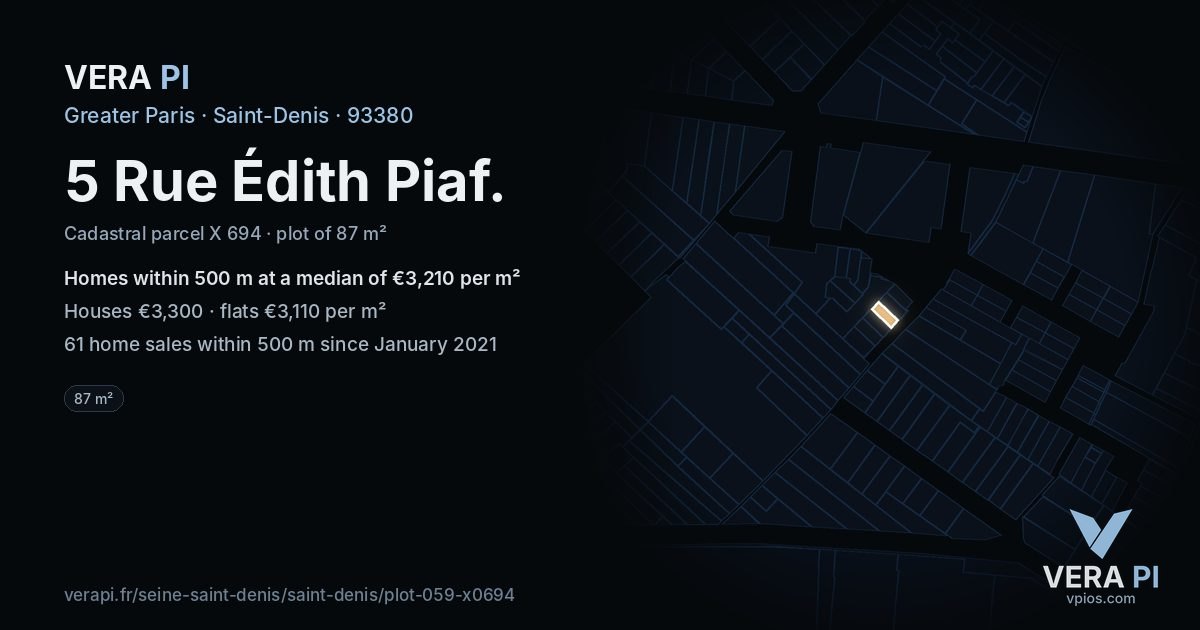 5 Rue Édith Piaf, Saint-Denis at night – the plot lit, the parcels around coloured by the prices near them