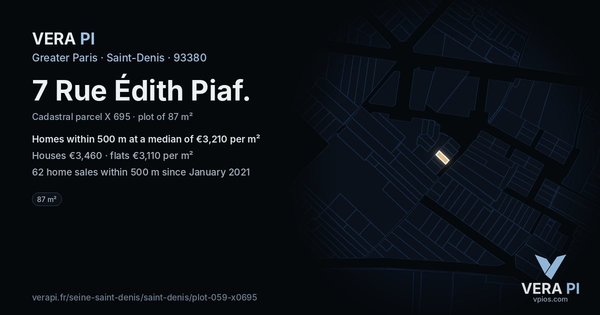 7 Rue Édith Piaf, Saint-Denis at night – the plot lit, the parcels around coloured by the prices near them