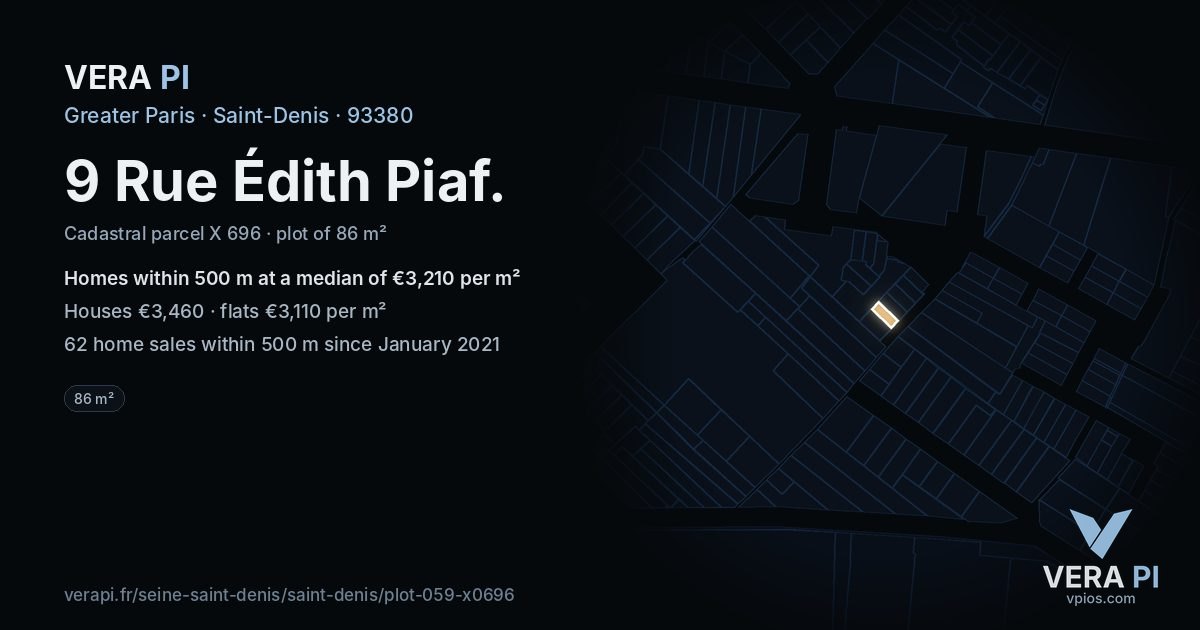 9 Rue Édith Piaf, Saint-Denis at night – the plot lit, the parcels around coloured by the prices near them