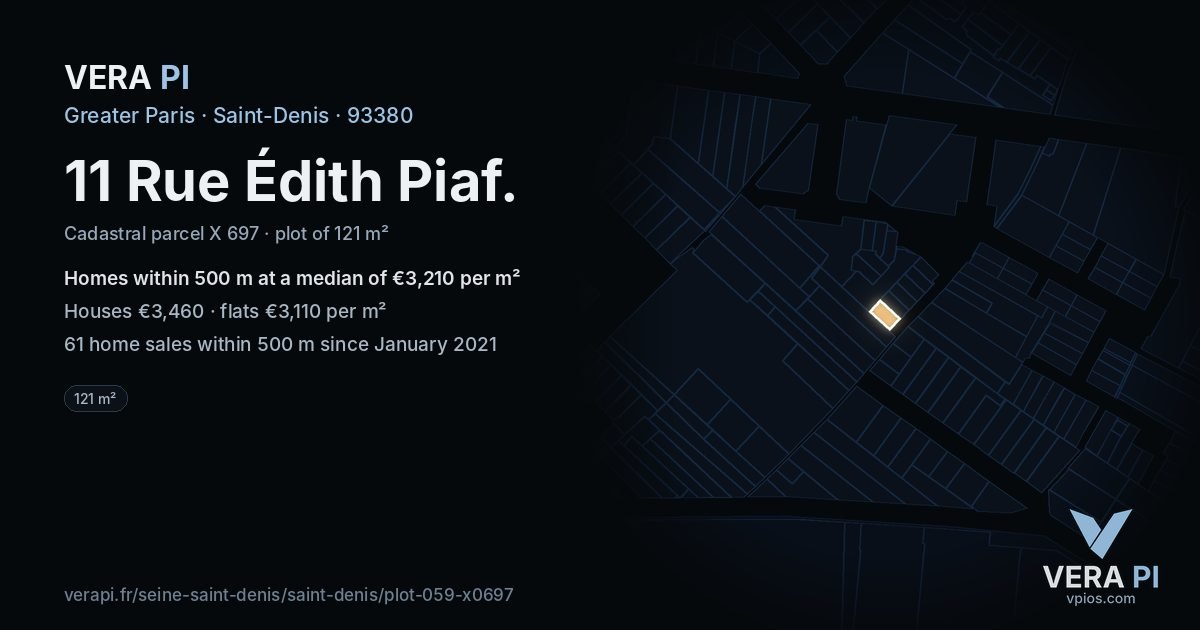 11 Rue Édith Piaf, Saint-Denis at night – the plot lit, the parcels around coloured by the prices near them