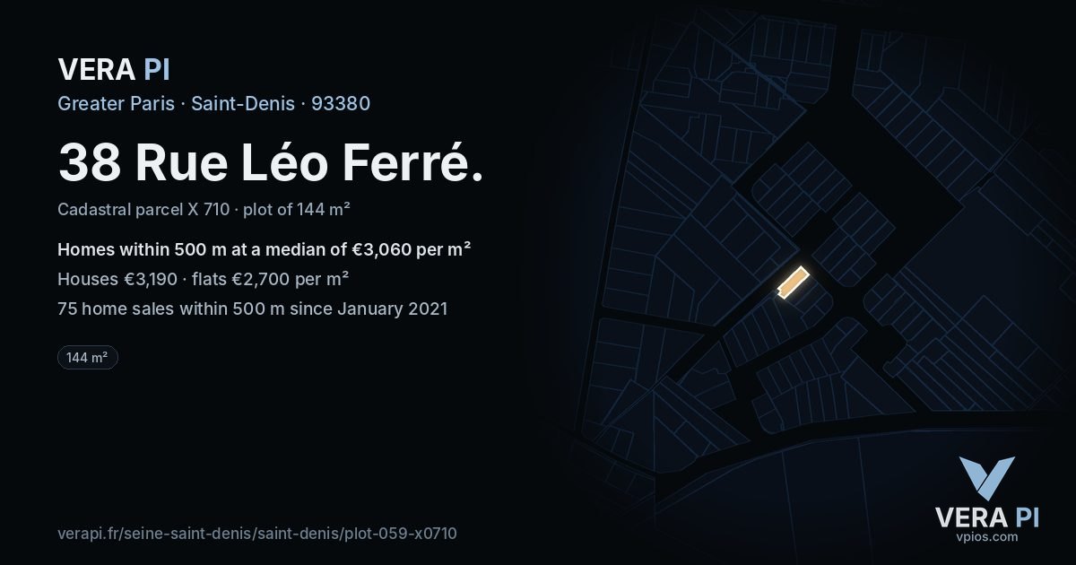 38 Rue Léo Ferré, Saint-Denis at night – the plot lit, the parcels around coloured by the prices near them