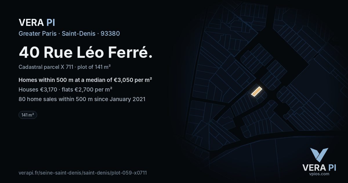 40 Rue Léo Ferré, Saint-Denis at night – the plot lit, the parcels around coloured by the prices near them