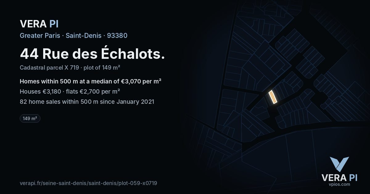 44 Rue des Échalots, Saint-Denis at night – the plot lit, the parcels around coloured by the prices near them