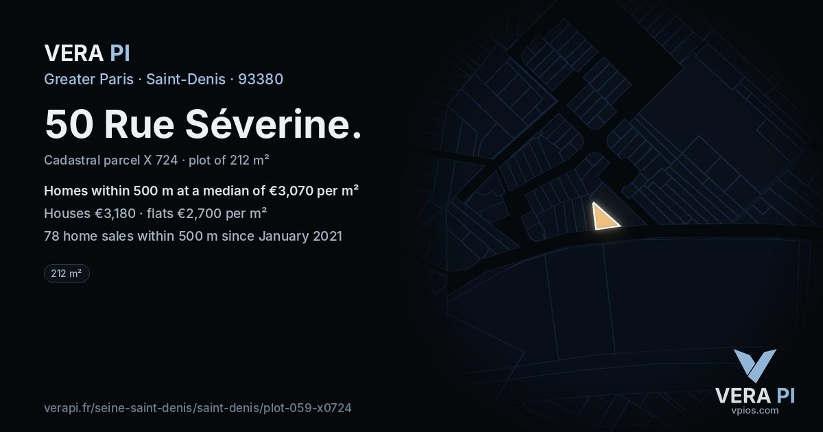 50 Rue Séverine, Saint-Denis at night – the plot lit, the parcels around coloured by the prices near them