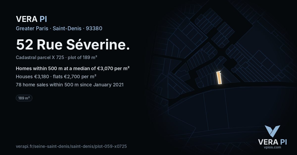 52 Rue Séverine, Saint-Denis at night – the plot lit, the parcels around coloured by the prices near them