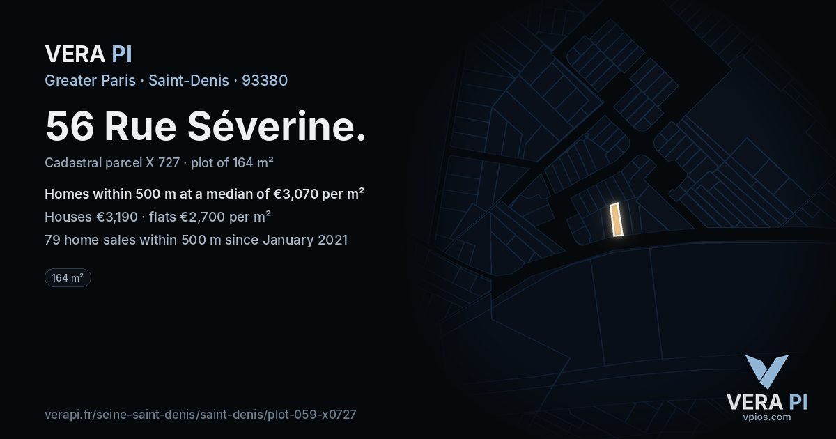 56 Rue Séverine, Saint-Denis at night – the plot lit, the parcels around coloured by the prices near them