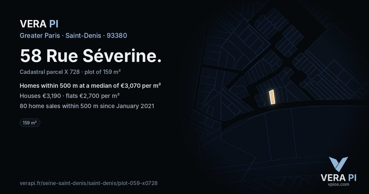 58 Rue Séverine, Saint-Denis at night – the plot lit, the parcels around coloured by the prices near them