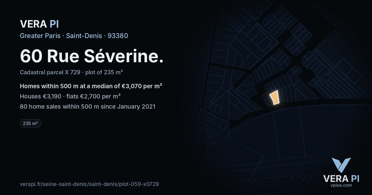 60 Rue Séverine, Saint-Denis at night – the plot lit, the parcels around coloured by the prices near them