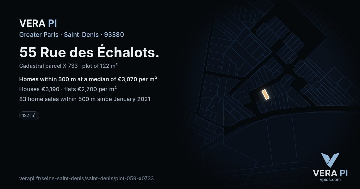 55 Rue des Échalots, Saint-Denis at night – the plot lit, the parcels around coloured by the prices near them