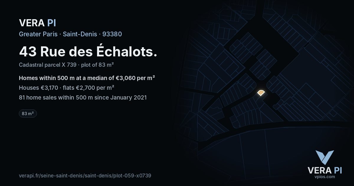 43 Rue des Échalots, Saint-Denis at night – the plot lit, the parcels around coloured by the prices near them