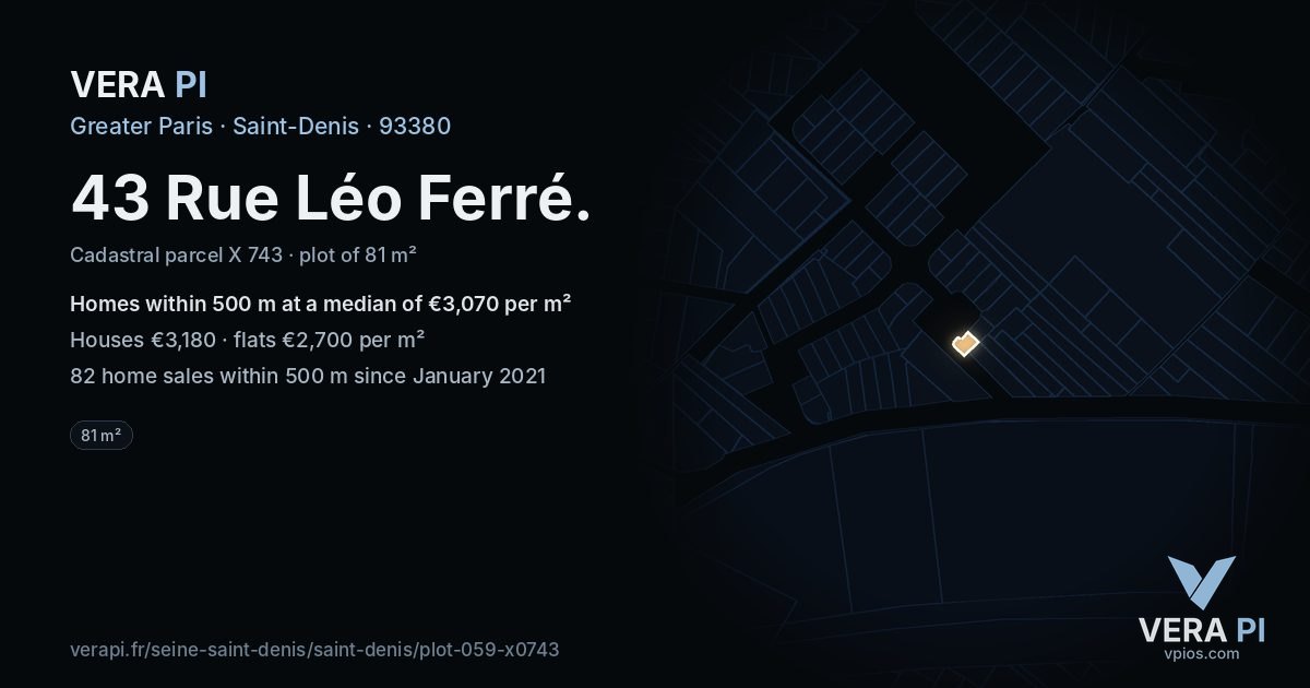 43 Rue Léo Ferré, Saint-Denis at night – the plot lit, the parcels around coloured by the prices near them