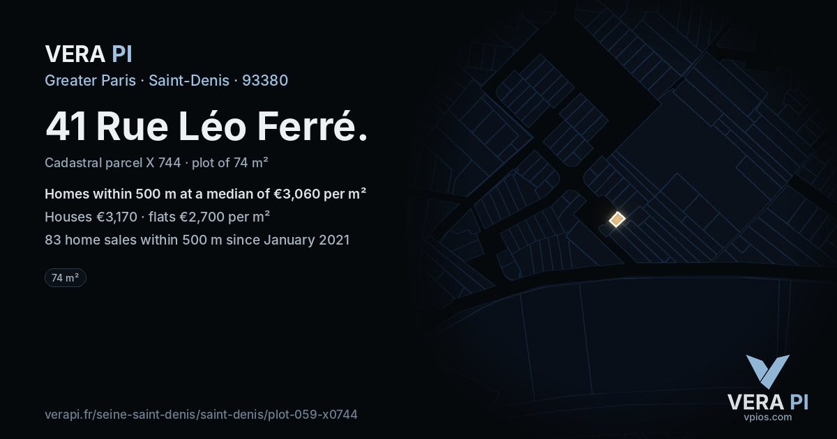 41 Rue Léo Ferré, Saint-Denis at night – the plot lit, the parcels around coloured by the prices near them