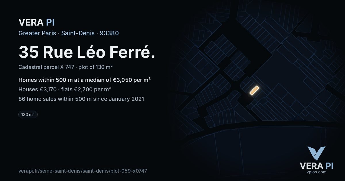 35 Rue Léo Ferré, Saint-Denis at night – the plot lit, the parcels around coloured by the prices near them