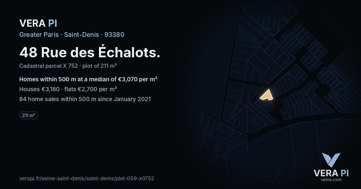 48 Rue des Échalots, Saint-Denis at night – the plot lit, the parcels around coloured by the prices near them