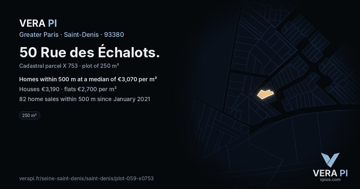50 Rue des Échalots, Saint-Denis at night – the plot lit, the parcels around coloured by the prices near them