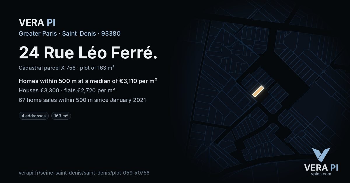 24 Rue Léo Ferré, Saint-Denis at night – the plot lit, the parcels around coloured by the prices near them