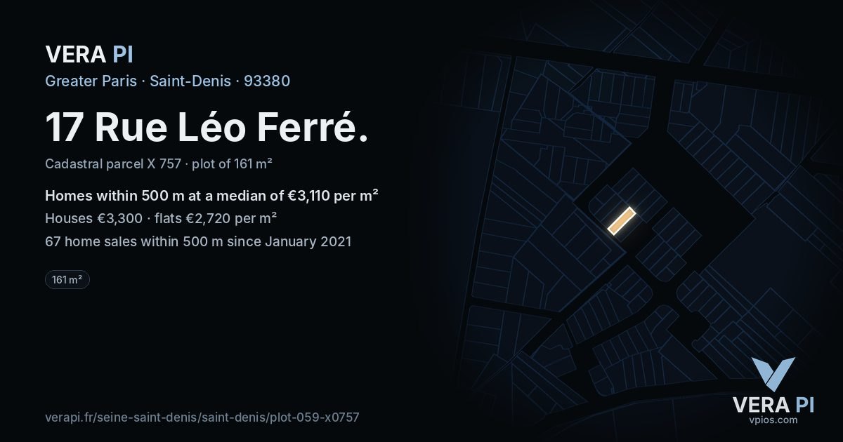 17 Rue Léo Ferré, Saint-Denis at night – the plot lit, the parcels around coloured by the prices near them