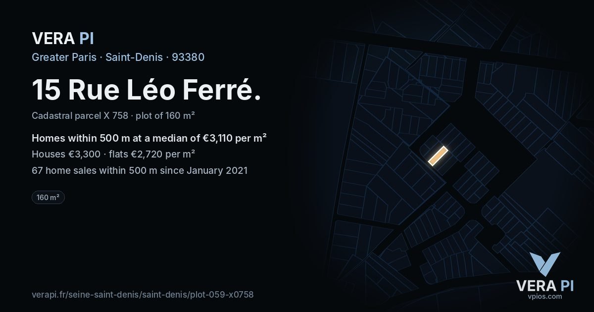 15 Rue Léo Ferré, Saint-Denis at night – the plot lit, the parcels around coloured by the prices near them