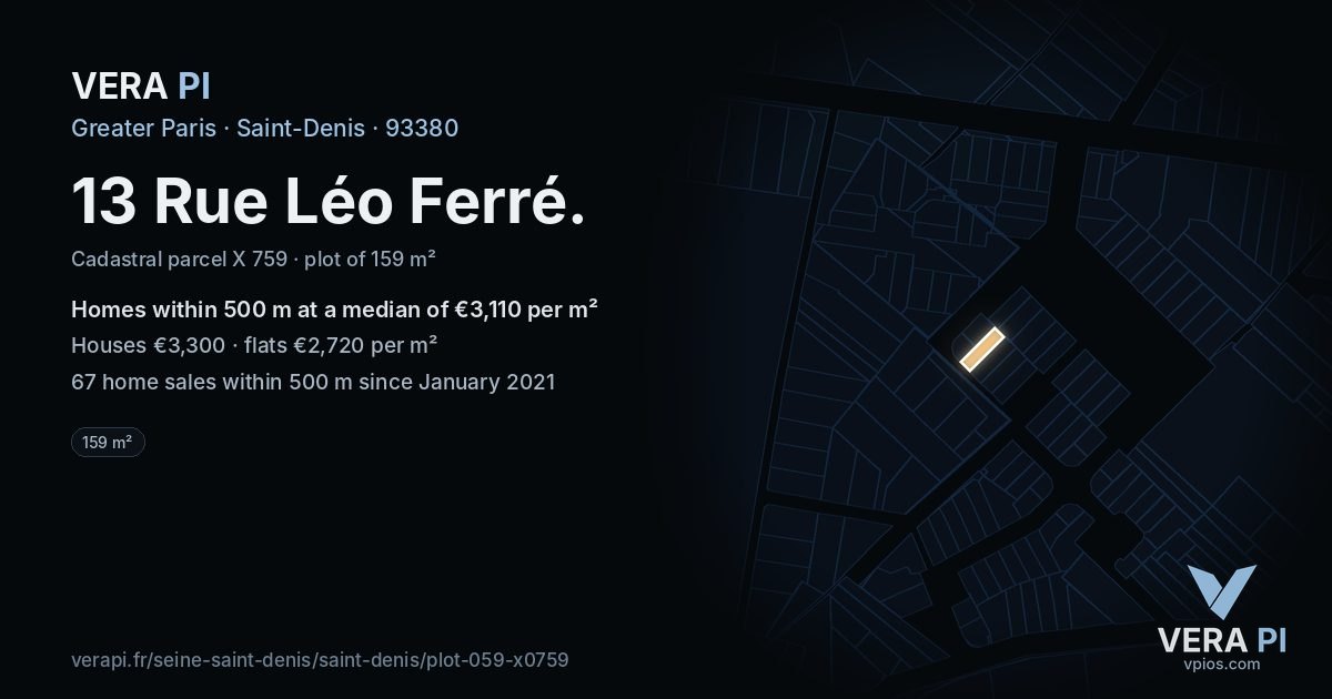 13 Rue Léo Ferré, Saint-Denis at night – the plot lit, the parcels around coloured by the prices near them